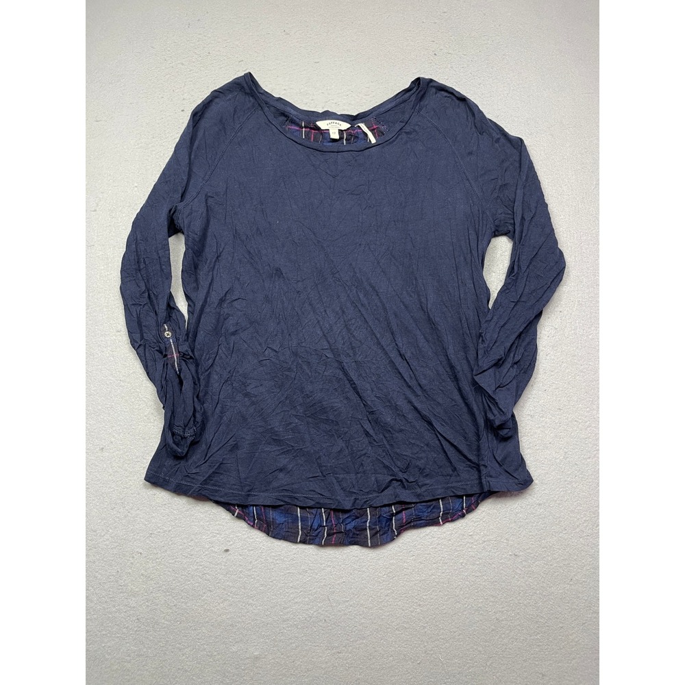 FatFace Top Jersey Plaid Mixed Media Navy Blue Size 12 Womens